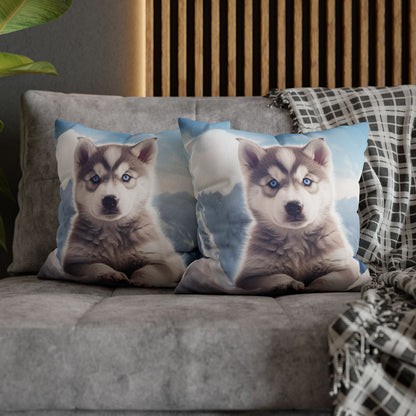 Husky Puppy Winter Wonder - Snowy Mountain Backdrop Spun Polyester Square Pillow Case