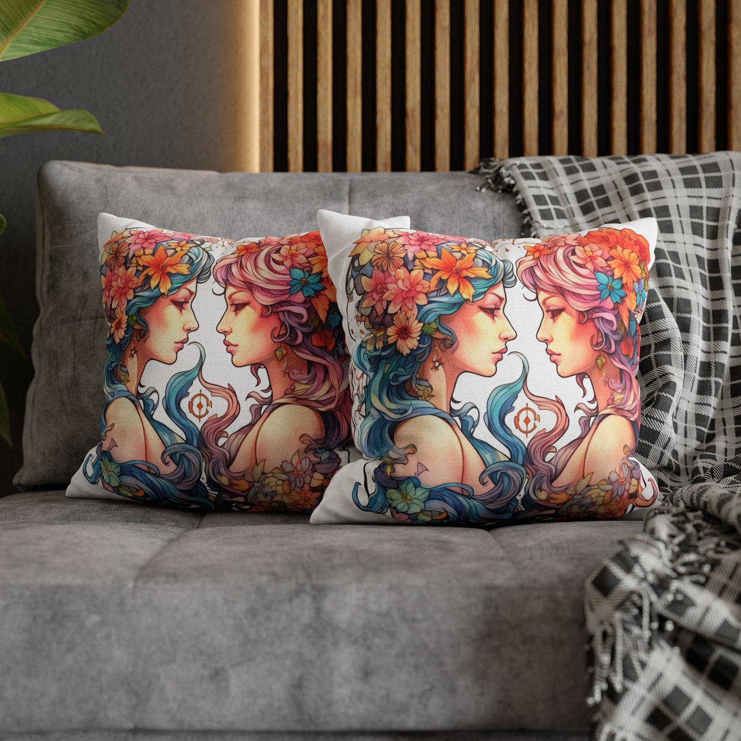 Zodiac Gemini Clipart - Twins Symbol, Whimsical Comic Style - Spun Polyester Square Pillow Case