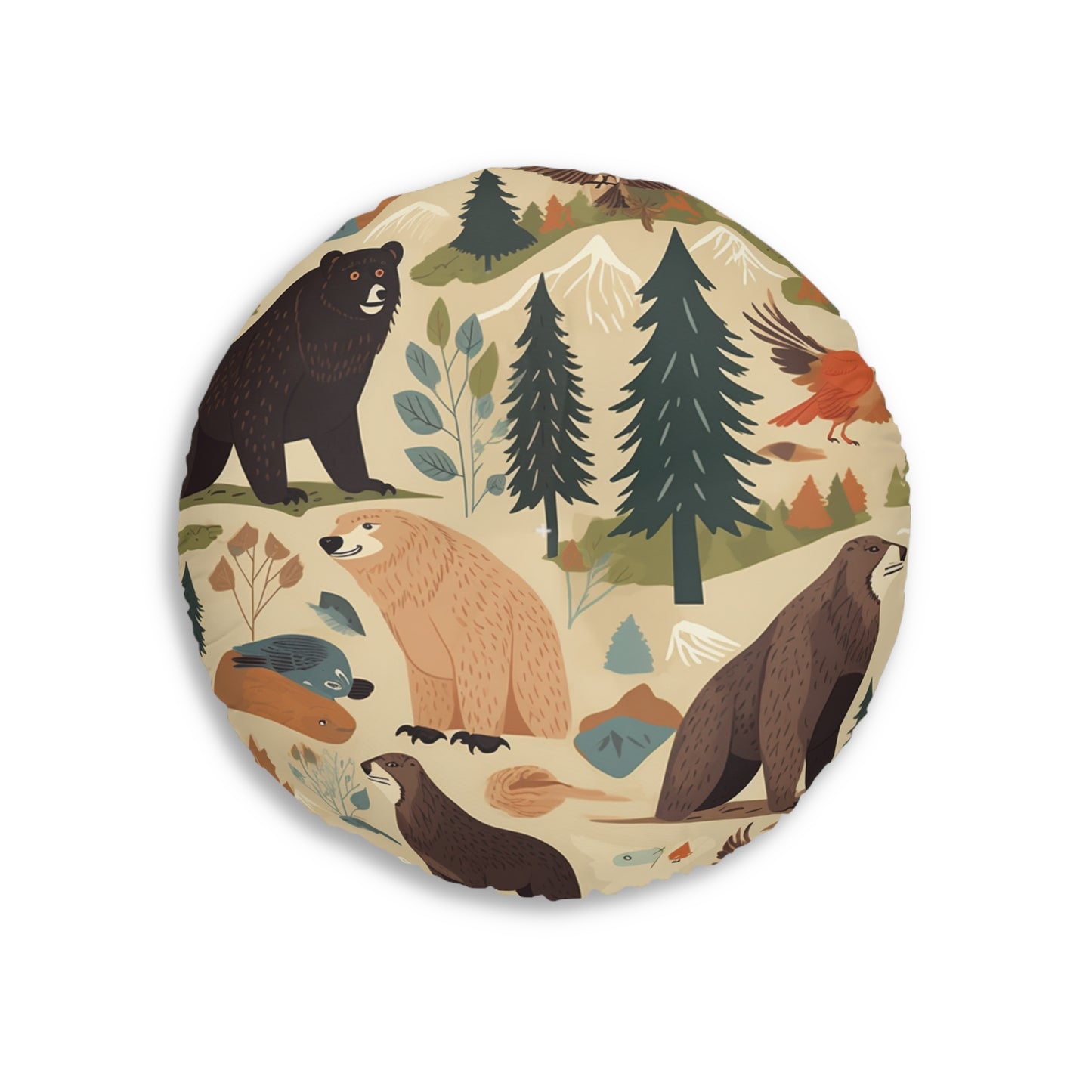 U.S. Wilderness Inspired: Grizzly Bears, Animals Pattern Tufted Floor Pillow, Round