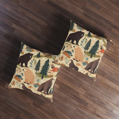 U.S. Wilderness Inspired: Grizzly Bears, Animals Pattern Tufted Floor Pillow, Square