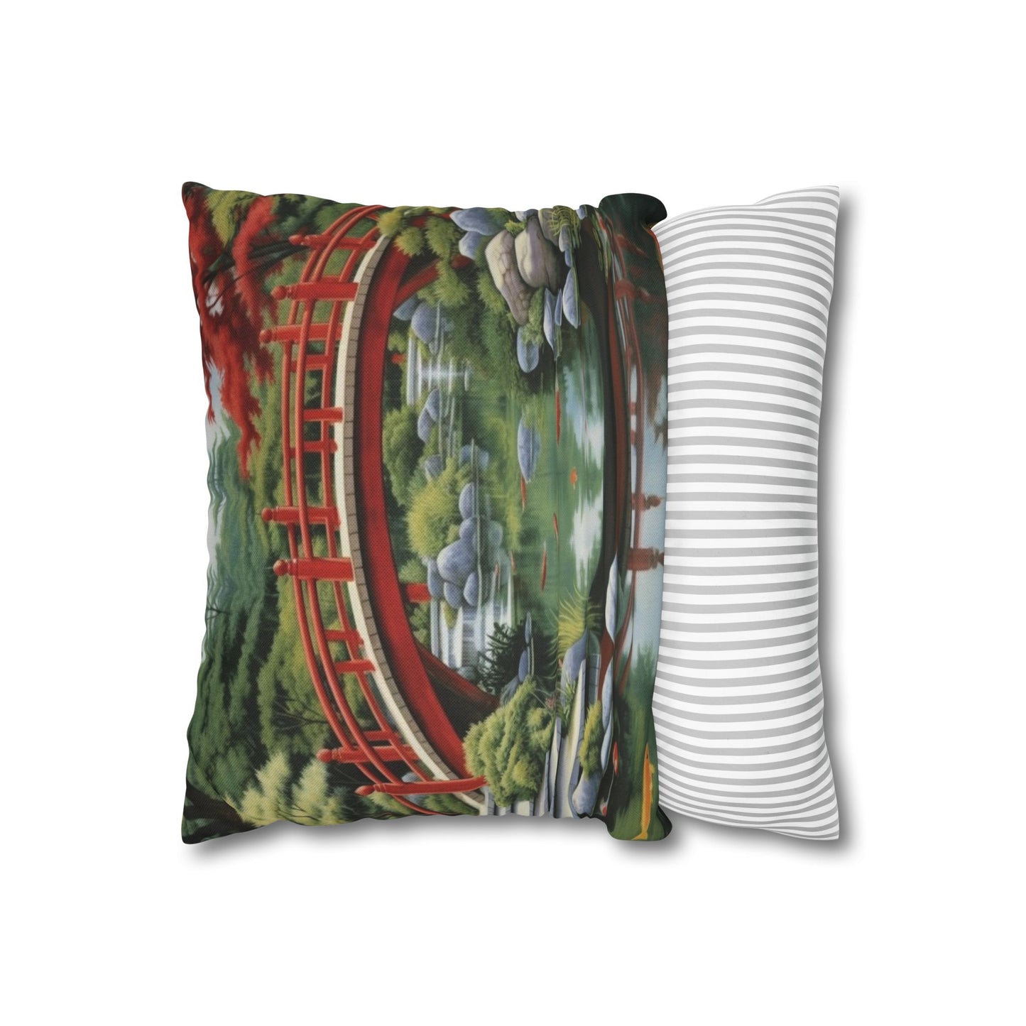 Japanese Garden Art - Tranquil Koi Pond Red Bridge Spun Polyester Square Pillow Case