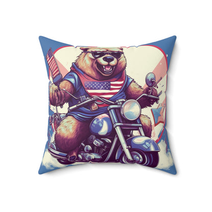 Roaring American Pride: Patriotic Bear 4th of July Motorcycle Adventure Spun Polyester Square Pillow