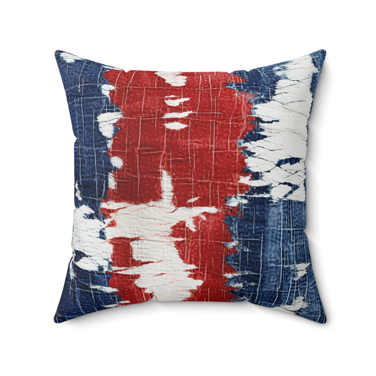 Patriotic Red, White & Blue: Distressed Denim-Style, Torn Fabric - Spun Polyester Square Pillow