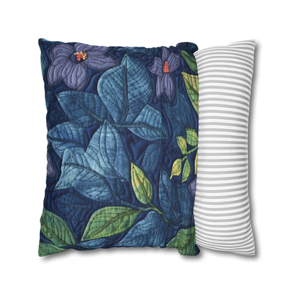 Floral Embroidery Blue: Denim-Inspired, Artisan-Crafted Flower Design - Spun Polyester Square Pillow Case