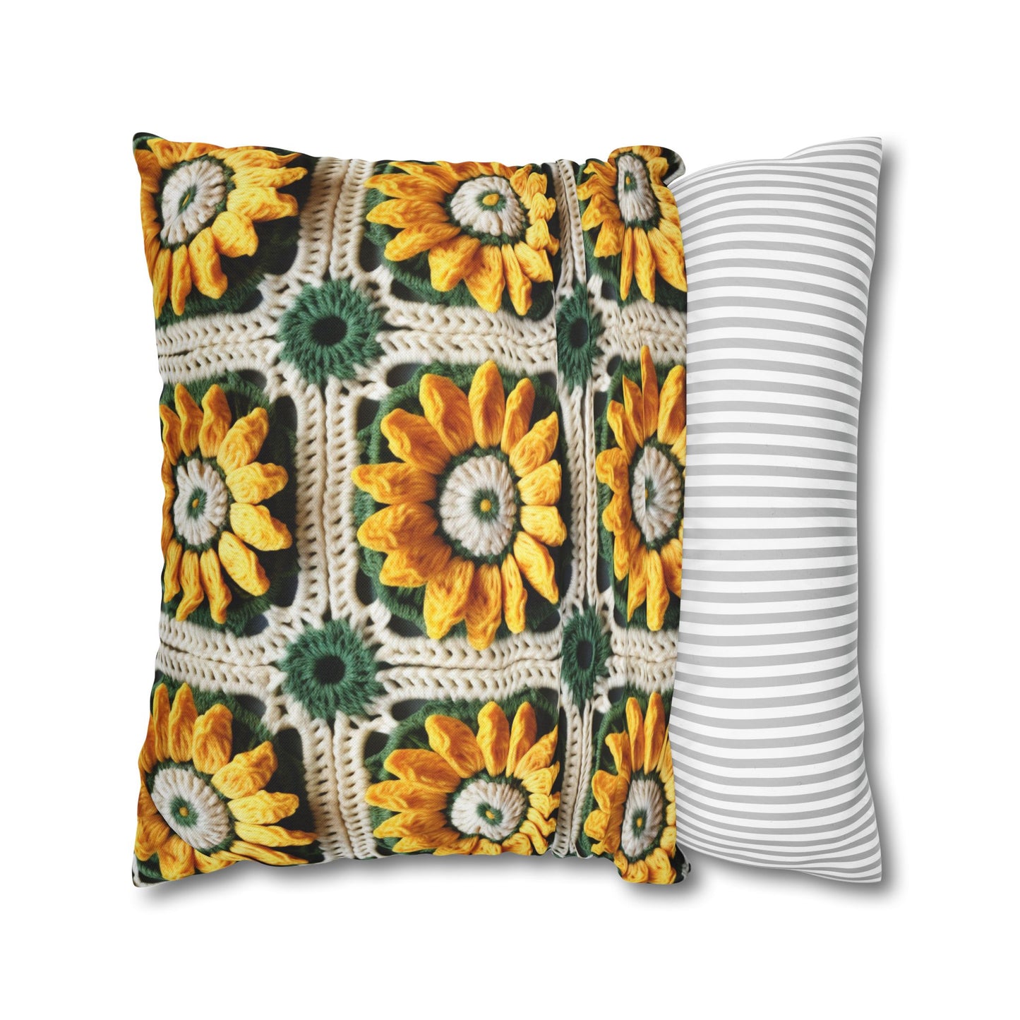 Sunflower Crochet Elegance, Granny Square Design, Radiant Floral Motif. Bring the Warmth of Sunflowers to Your Space - Spun Polyester Square Pillow Case