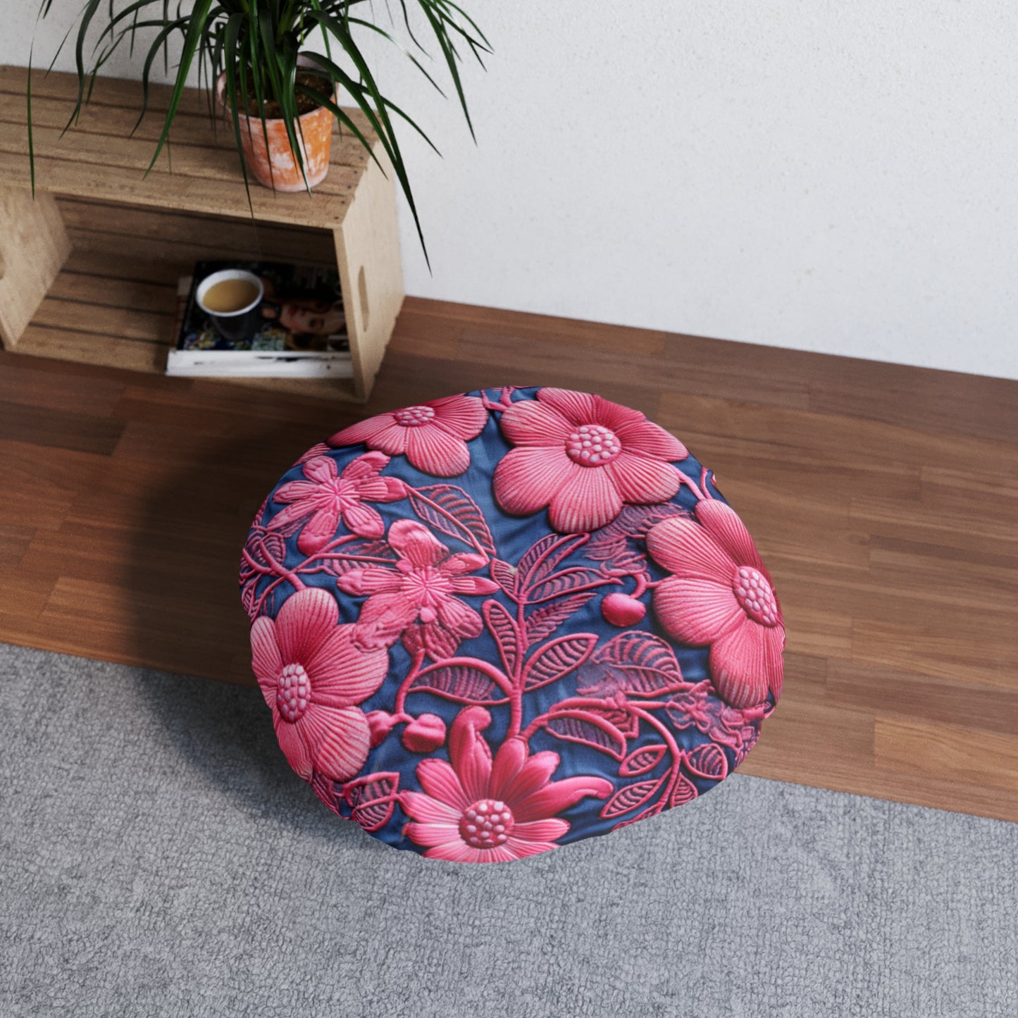 Denim Blue Doll Pink Floral Embroidery Style Fabric Flowers - Tufted Floor Pillow, Round