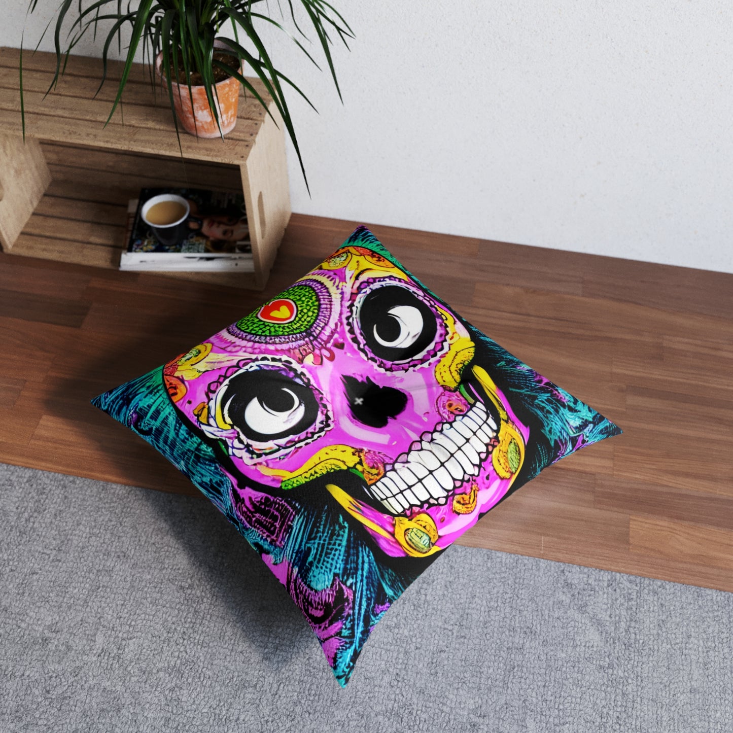 Trippy psychedelic Skull Skeleton Head Face Tufted Floor Pillow, Square