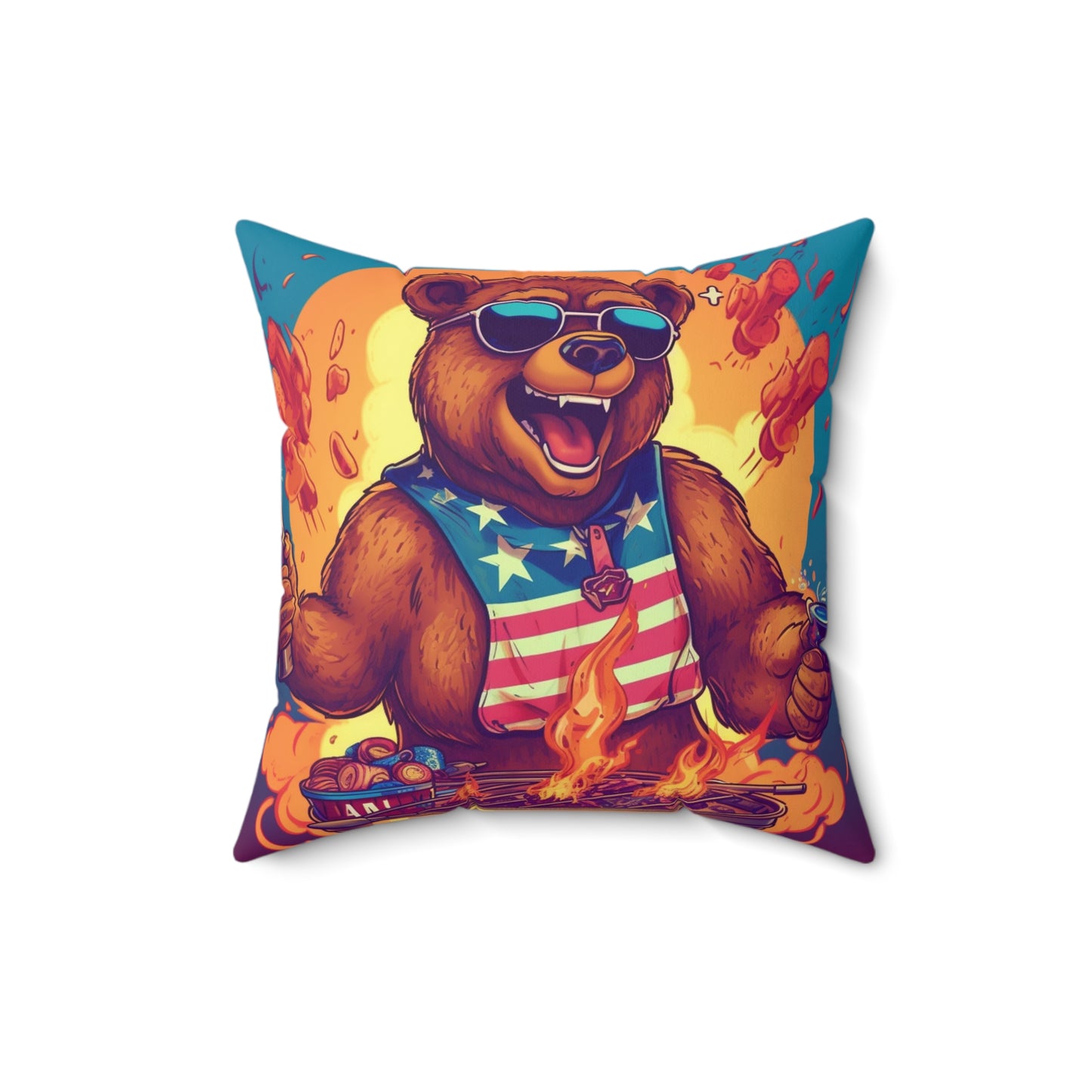 Grill Like a Patriot: Celebrate 4th of July with Patriotic Bear's Culinary Chef Spun Polyester Square Pillow