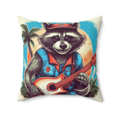 Ukulele Playing Raccoon - Furry Animal Music Island Art Spun Polyester Square Pillow