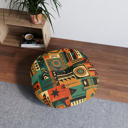 Earthy Tones Geometric Tribal-Inspired Pattern Design Tufted Floor Pillow, Round