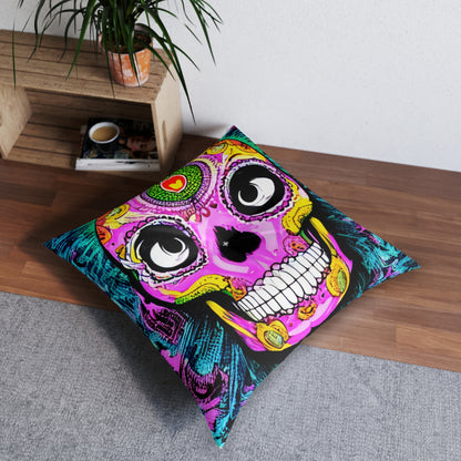 Trippy psychedelic Skull Skeleton Head Face Tufted Floor Pillow, Square