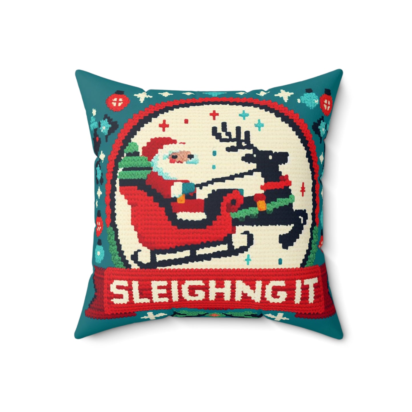 Santa & Reindeer Cross-Stitch Style - 'Sleighing It' Christmas - Festive Holiday - Spun Polyester Square Pillow