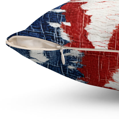 Patriotic Red, White & Blue: Distressed Denim-Style, Torn Fabric - Spun Polyester Square Pillow