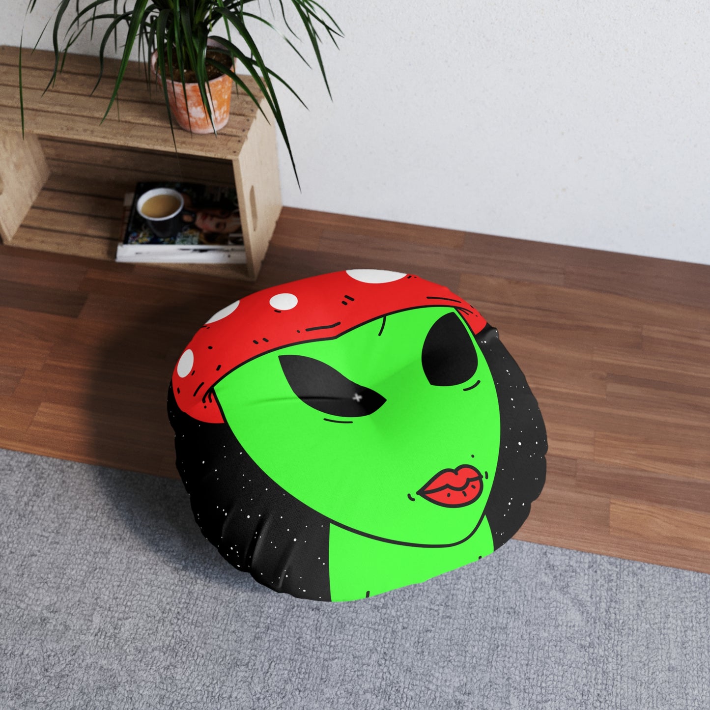 Multi Visitor (2) Green Alien w/ Devil Wings + Mushroom Head Tufted Floor Pillow, Round