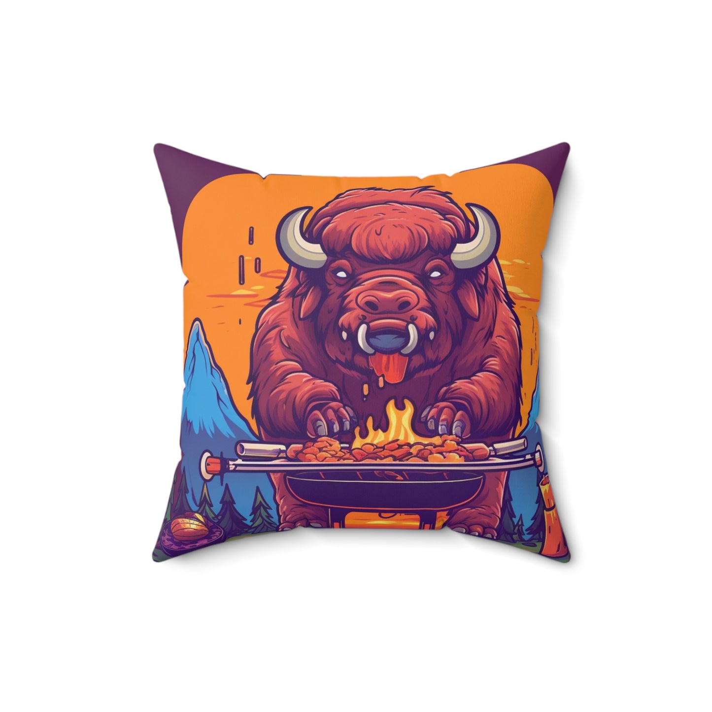 American Bison Grill Cook Food Buffalo Graphic Spun Polyester Square Pillow