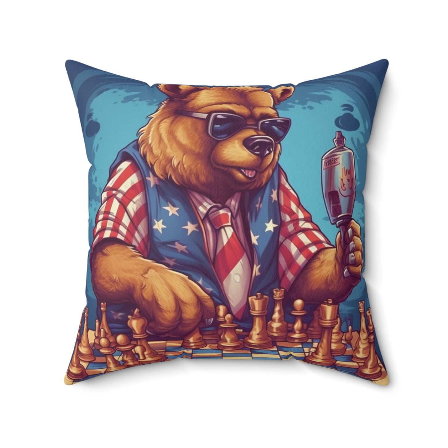 Checkmate Patriotism: Patriotic Bear's Chess Game 4th of July Style Spun Polyester Square Pillow