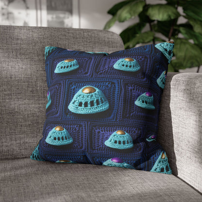 Spaceship UFO Crochet - Galactic Travel Ship - Alien Craft - Flying Saucer - Spun Polyester Square Pillow Case