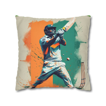 Cricket Batsman, Ball Strike, Indian Flag Color Background - Street Style - Spun Polyester Square Pillow Case