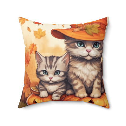 Kitty Cat Kittens Halloween - Cute Furries on Pumpkin - Festive Feline Decor - Spun Polyester Square Pillow