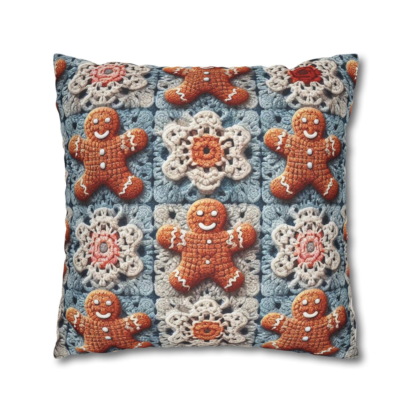 Christmas Holiday Delight: Crocheted Gingerbread Smile Pattern with Lace Snowflakes - Spun Polyester Square Pillow Case