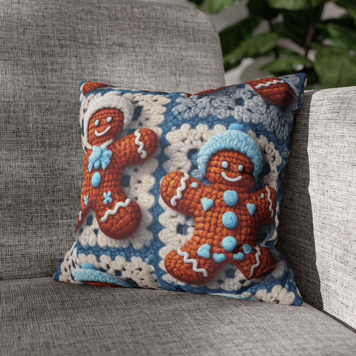 Winter Cheer: Charming Crocheted Gingerbread Christmas Friends Adorned with Snowy Hats and Sweet Smiles - Spun Polyester Square Pillow Case