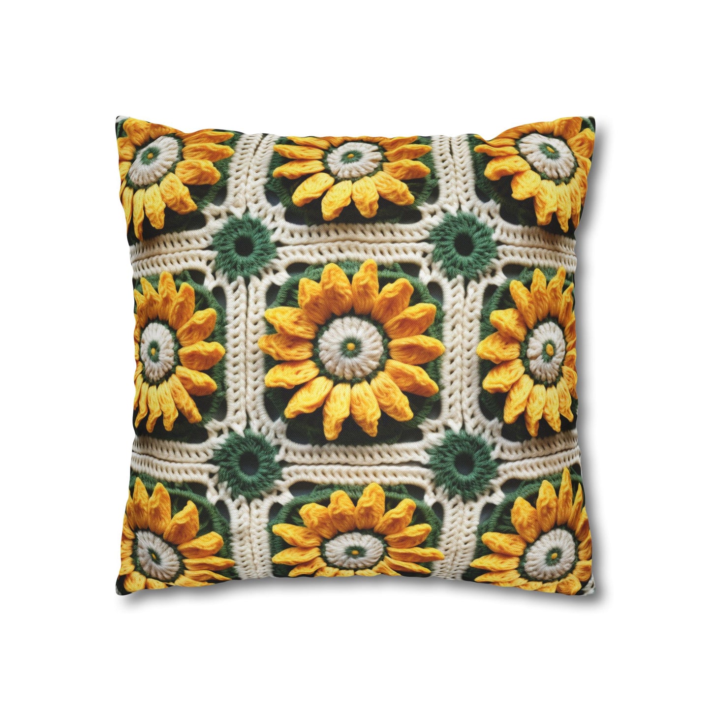 Sunflower Crochet Elegance, Granny Square Design, Radiant Floral Motif. Bring the Warmth of Sunflowers to Your Space - Spun Polyester Square Pillow Case