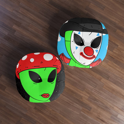 Multi Visitor (2) Green Alien w/ Devil Wings + Mushroom Head Tufted Floor Pillow, Round