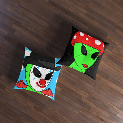 Multi Visitor (2) Green Alien w/ Devil Wings + Mushroom Head Tufted Floor Pillow, Square