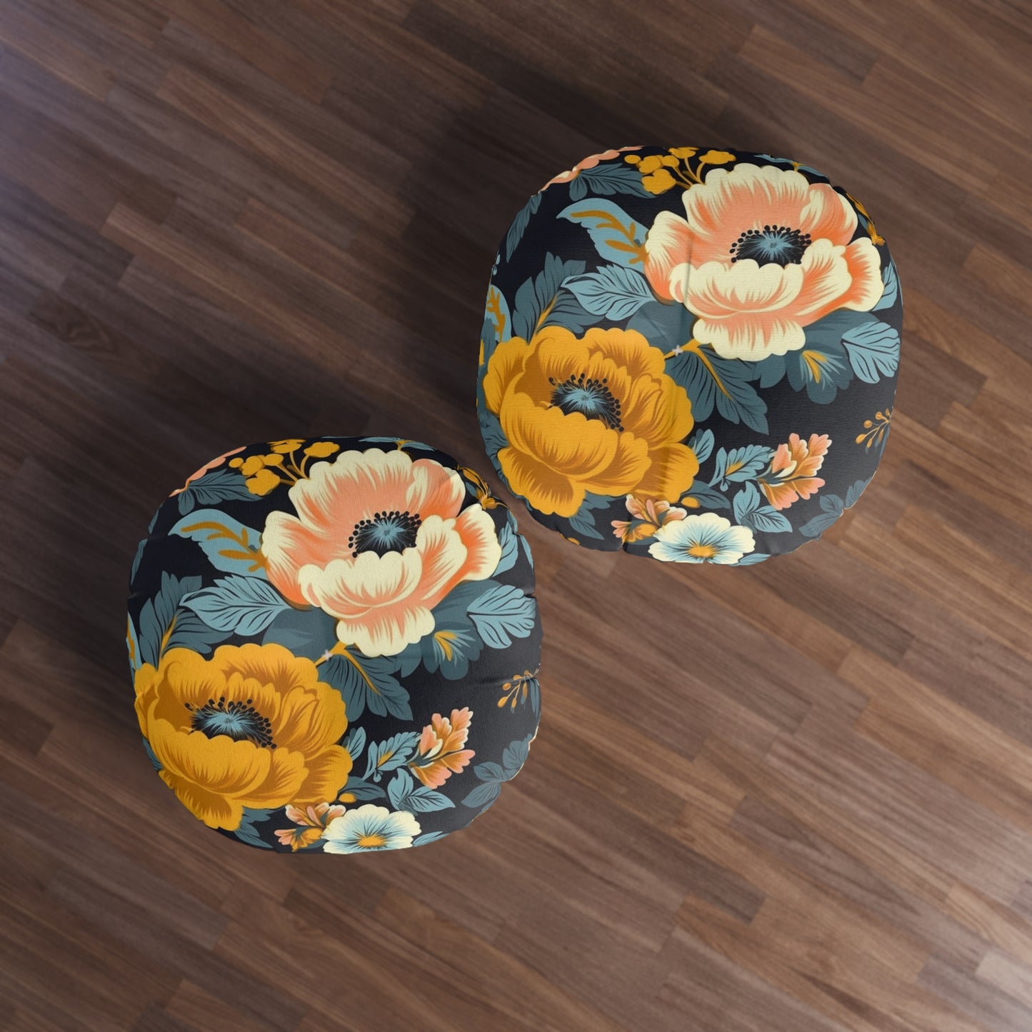 Vintage 50s 60s Inspired High-Waisted Floral Flower Pattern Tufted Floor Pillow, Round