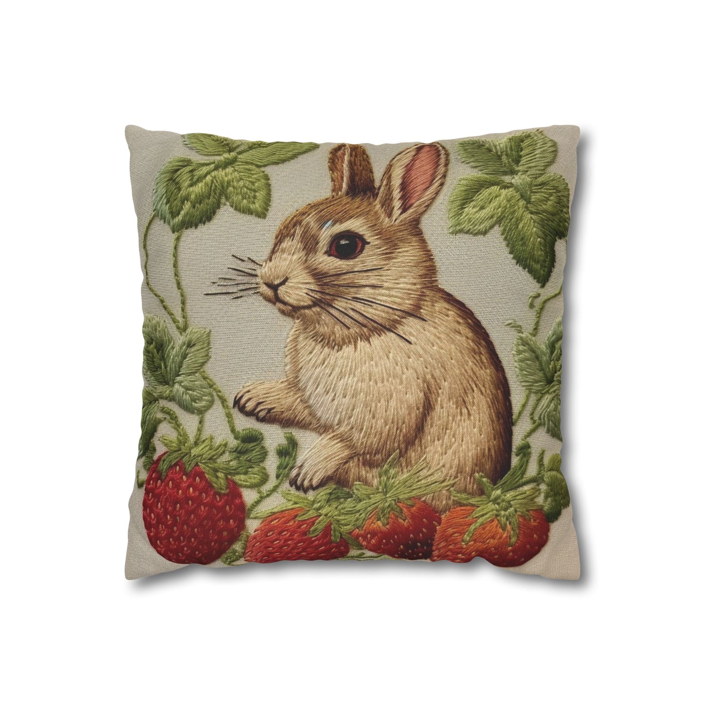 Strawberry Bunny Rabit - Embroidery Style - Strawberries Fruit Munchies - Easter Gift - Spun Polyester Square Pillow Case