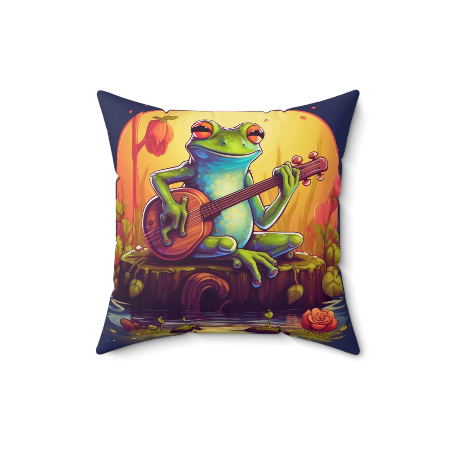 Log Frog Playing Instrument Tune Music Outdoor Swamp Graphic Spun Polyester Square Pillow