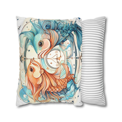 Pisces Zodiac Horoscope - Starry Watercolor & Ink, Hyper-Detailed Fish Spun Polyester Square Pillow Case