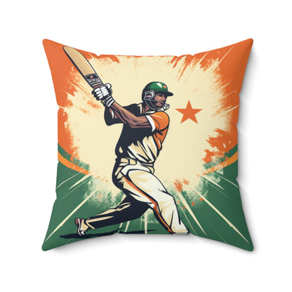 India Cricket Star: Batsman With Willow Bat, National Flag Style - Sport Game - Spun Polyester Square Pillow