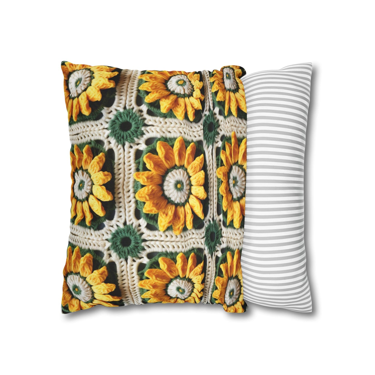 Sunflower Crochet Elegance, Granny Square Design, Radiant Floral Motif. Bring the Warmth of Sunflowers to Your Space - Spun Polyester Square Pillow Case