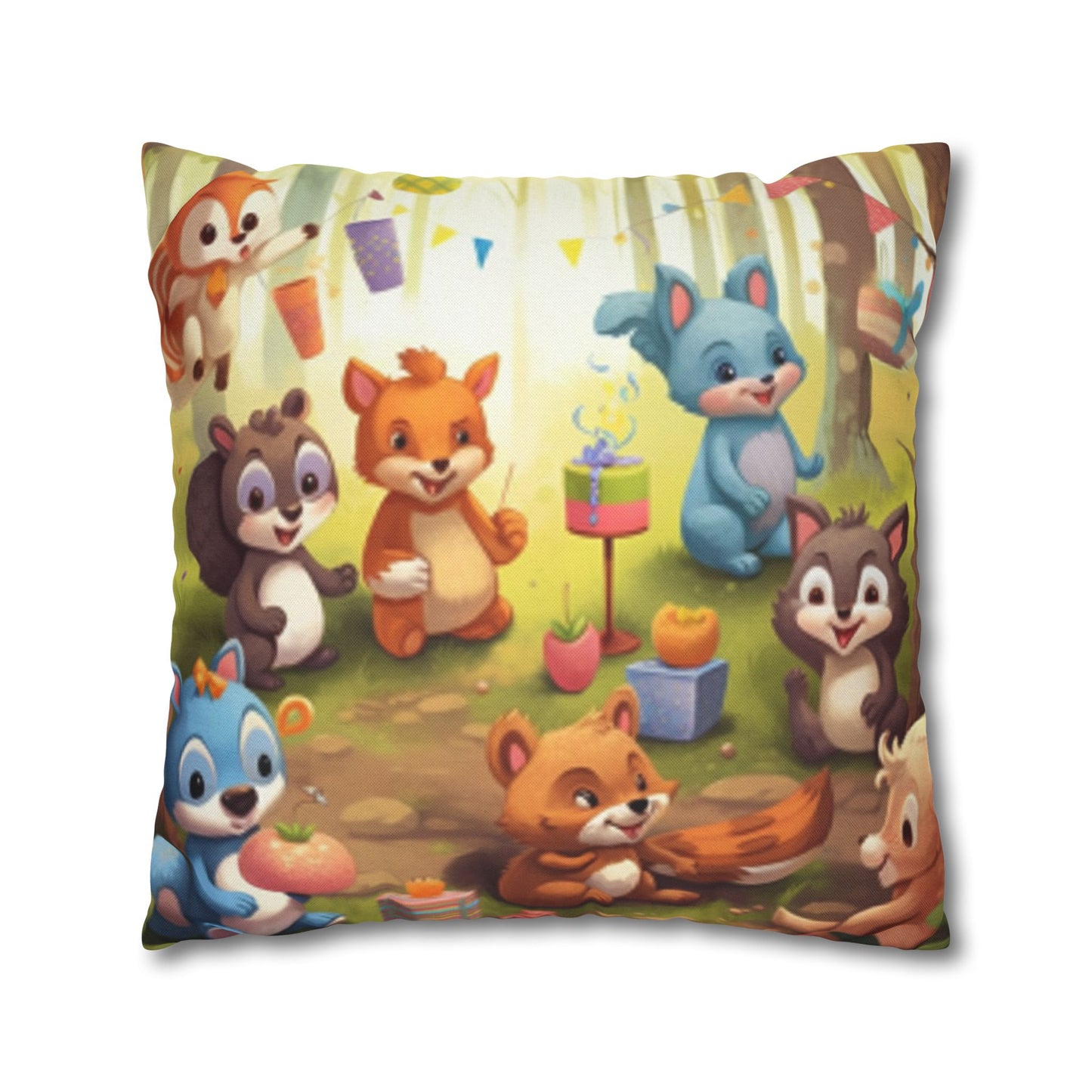 Nursery Art - Cartoon Forest Animals Party Design Spun Polyester Square Pillow Case