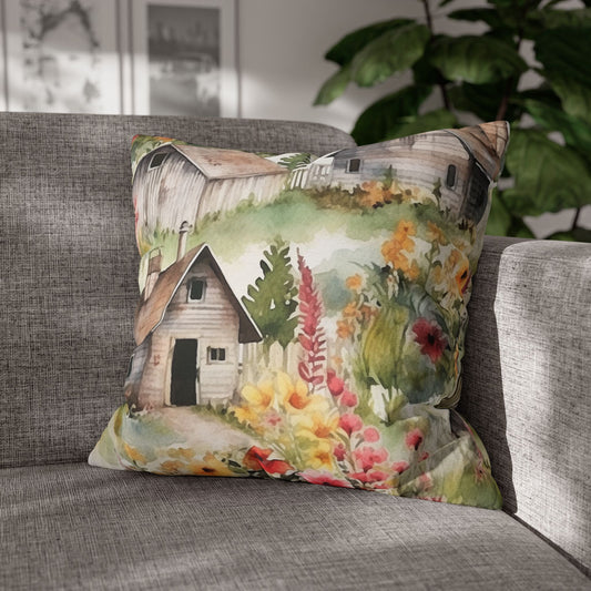 Country Wooden Houses with Flower Blooms - Cottagecore Floral Design - Outdoor Style - Spun Polyester Square Pillow Case