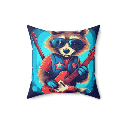 Rock Star Raccoon - Animal Musician Playing Guitar Spun Polyester Square Pillow