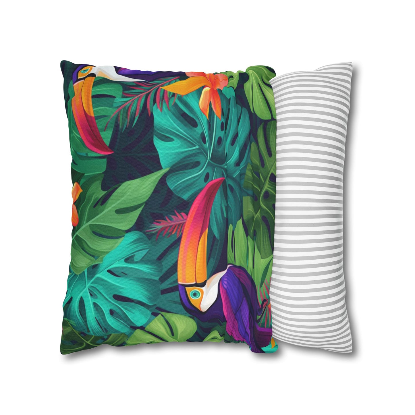 Vivid Tropical Birds & Leaves - Seamless Pattern Spun Polyester Square Pillow Case