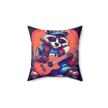 Acoustic Guitar Raccoon - Furry Animal Musician Decor Spun Polyester Square Pillow