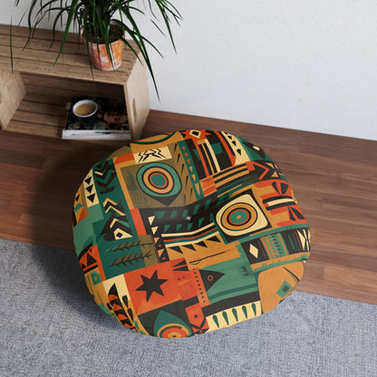 Earthy Tones Geometric Tribal-Inspired Pattern Design Tufted Floor Pillow, Round