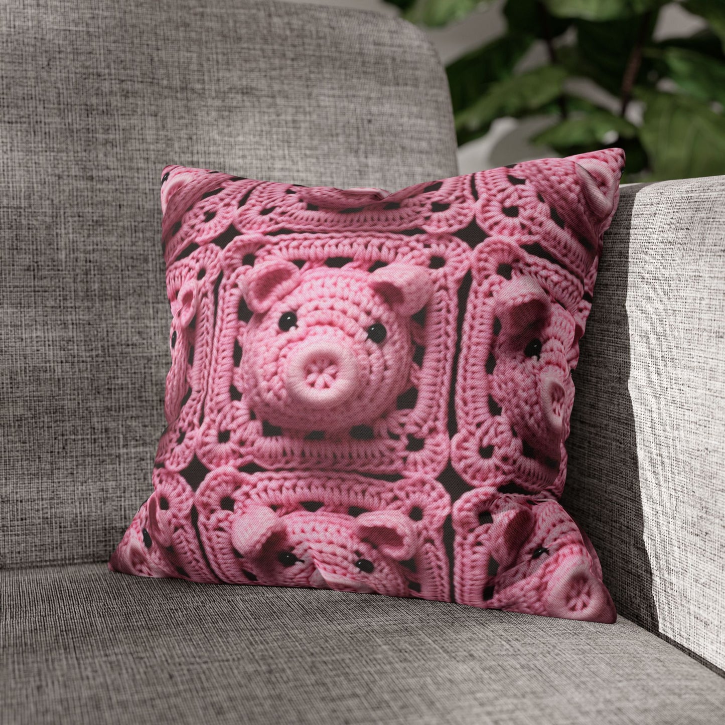 Crochet Pig Farm Animal Pink Snout Piggy Pattern - Spun Polyester Square Pillow Case