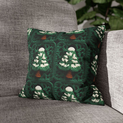 Evergreen Christmas Trees Crochet, Festive Pine Tree Holiday Craft, Yuletide Forest, Winter - Spun Polyester Square Pillow Case