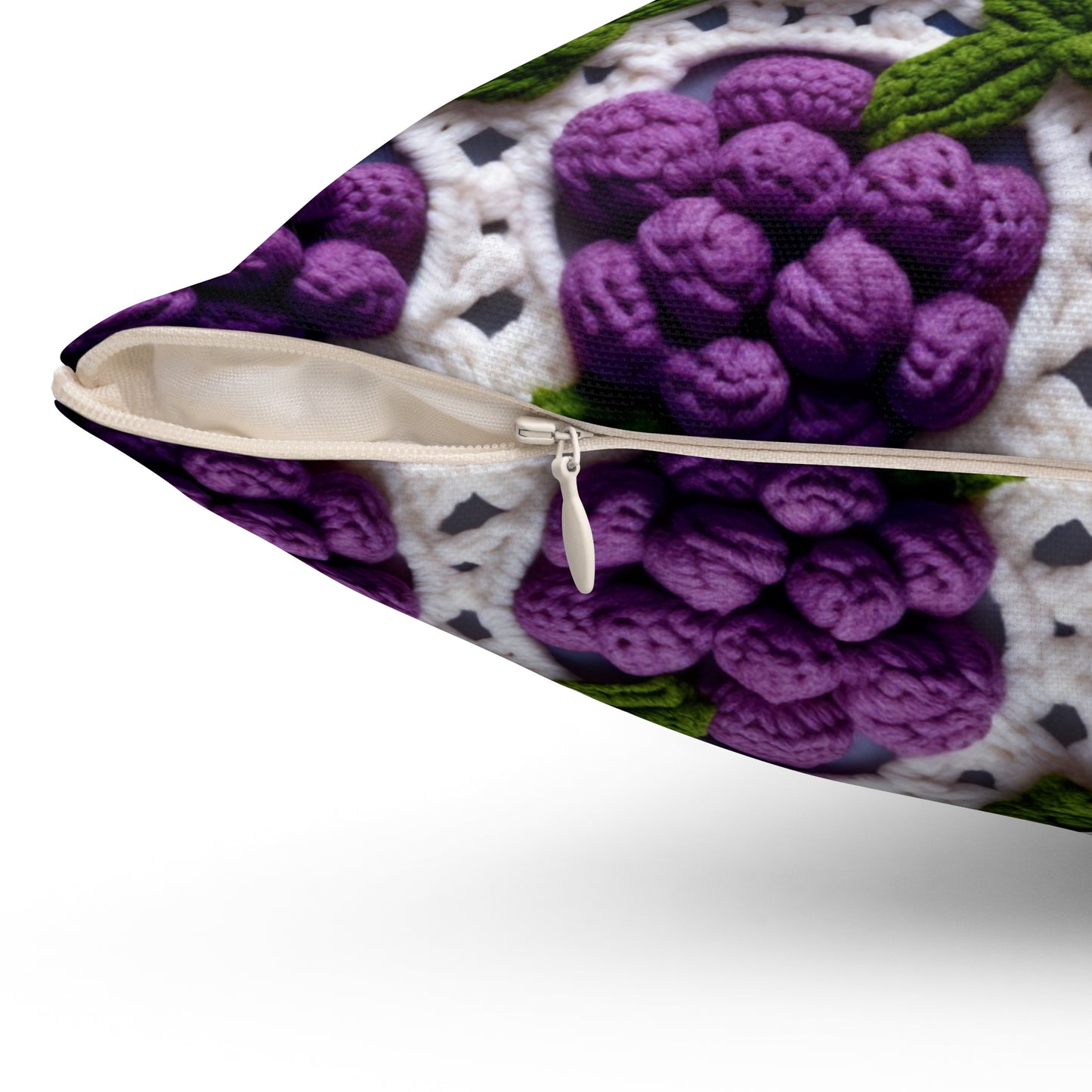 Crochet Grapes Pattern - Granny Square Design - Fresh Fruit Pick - Orchard Purple Snack Food - Spun Polyester Square Pillow