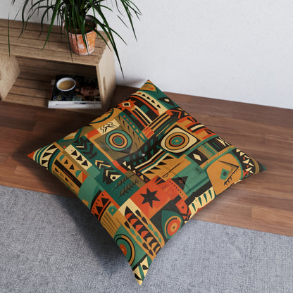 Earthy Tones Geometric Tribal-Inspired Pattern Design Tufted Floor Pillow, Square