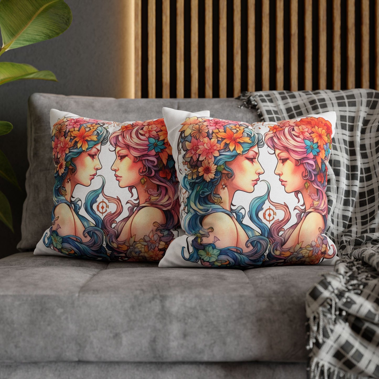 Zodiac Gemini Clipart - Twins Symbol, Whimsical Comic Style - Spun Polyester Square Pillow Case