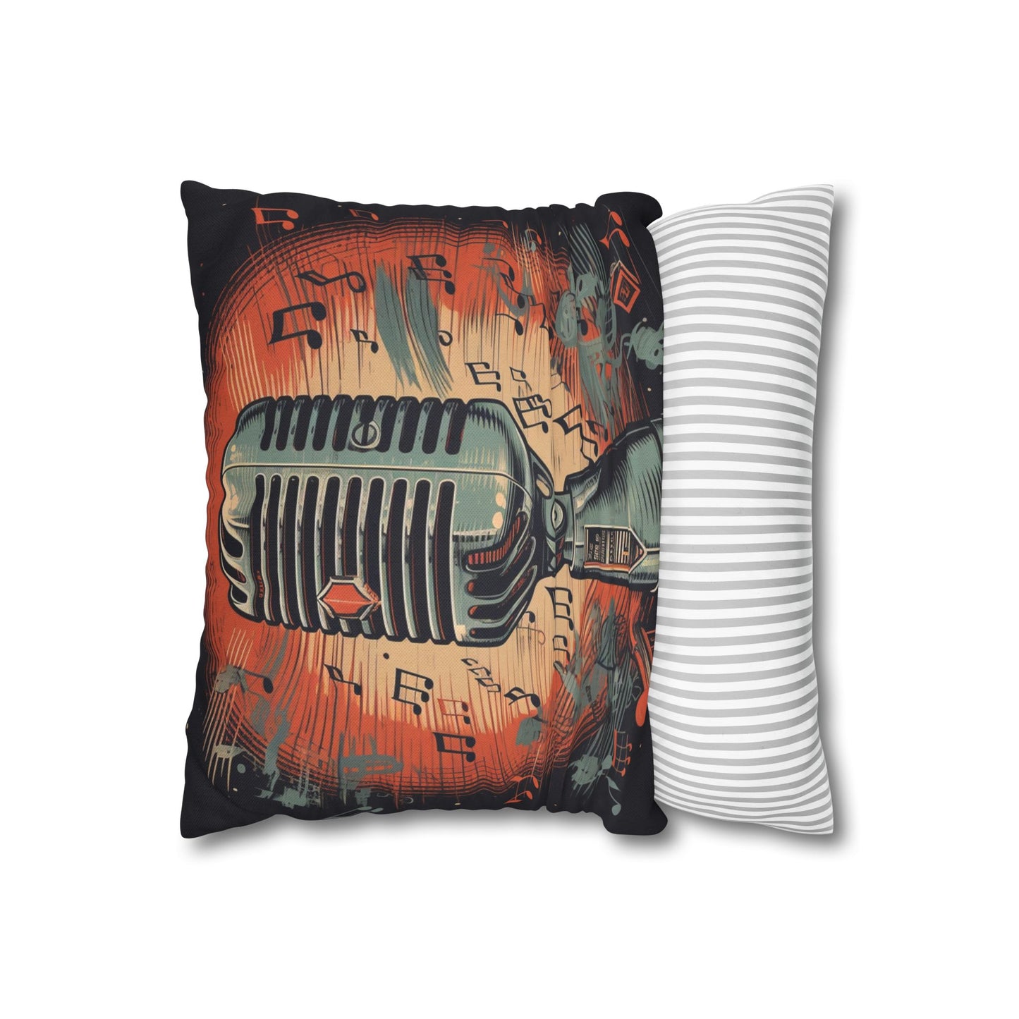 Retro Microphone & Music Notes - Vintage Style Design Spun Polyester Square Pillow Case