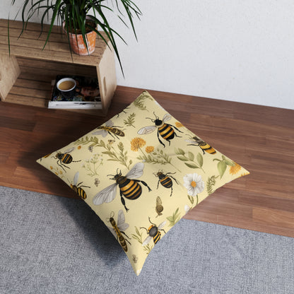 Whimsical Bees & Honeycombs Nature-Friendly Pattern Design Tufted Floor Pillow, Square