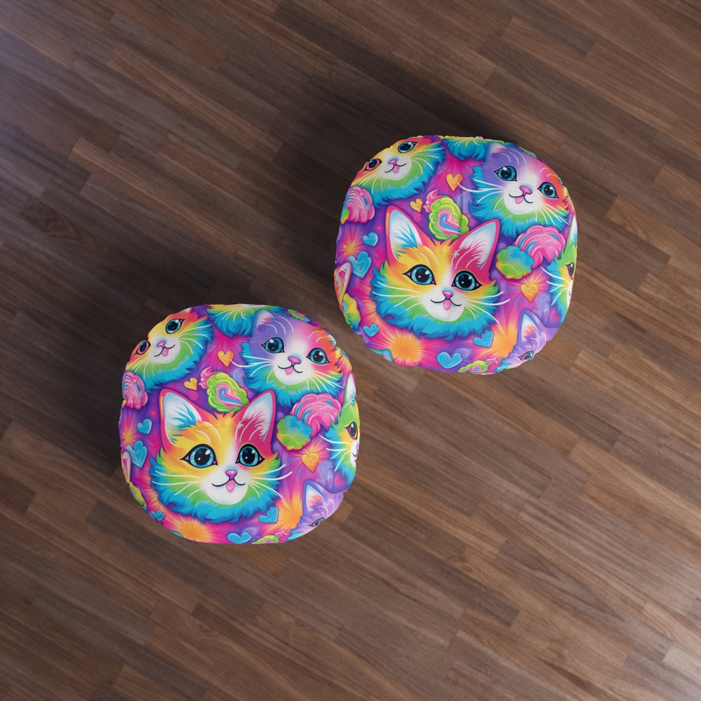 Happy Kitten & Cat Design - Vivid, Colorful & Eye-Catching - Tufted Floor Pillow, Round