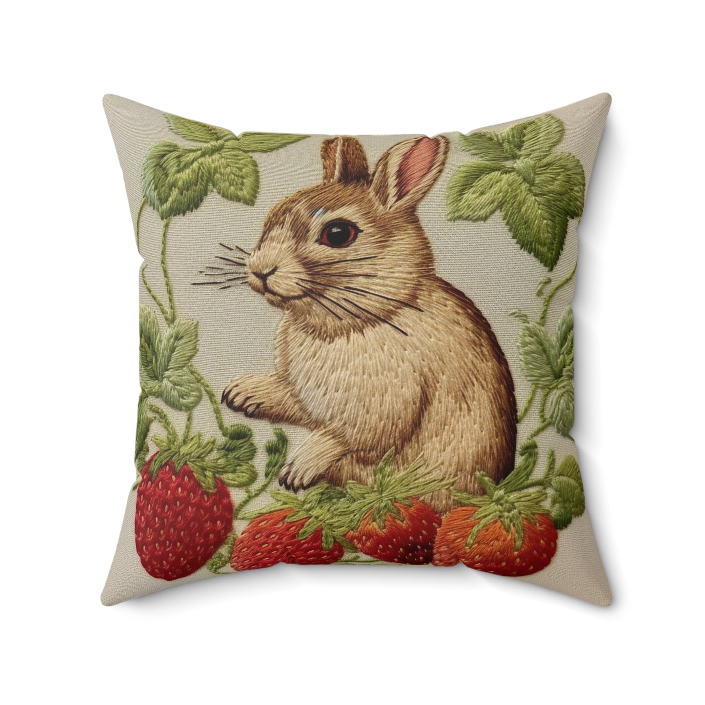 Strawberry Bunny Rabit - Embroidery Style - Strawberries Fruit Munchies - Easter Gift - Spun Polyester Square Pillow