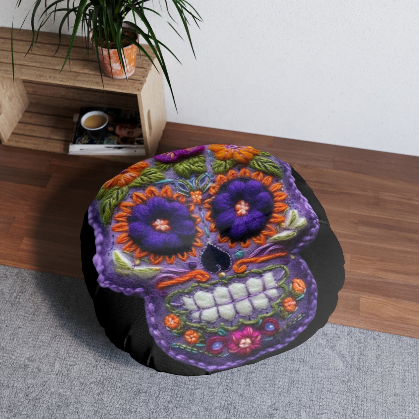 Skull Head Pillow, Crochet Plush Graphic, Tufted Floor Pillow, Round